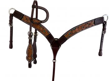 Showman Floral tooled design one ear bridle and breast collar set with buck stitching and teal underlay